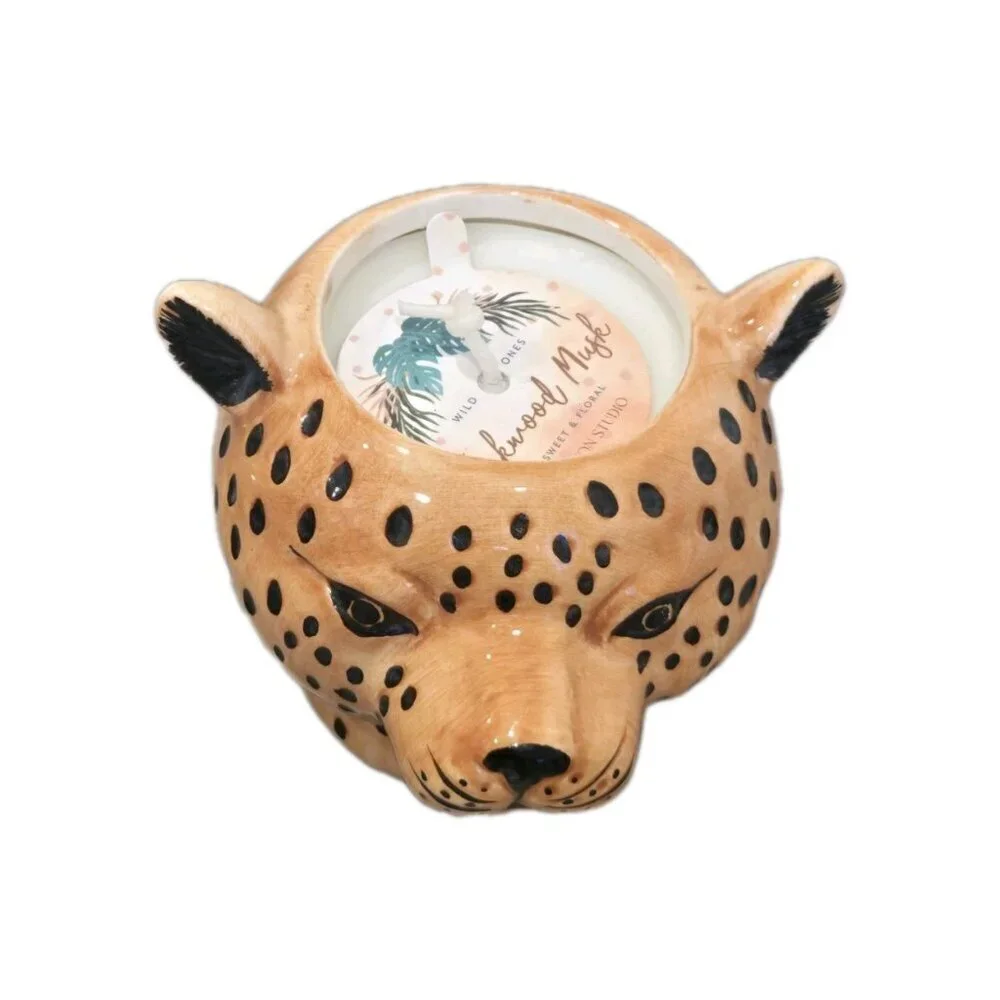 New Ceramic Cheetah Black & Brown Safari Jungle Animal Candle Room Decor
